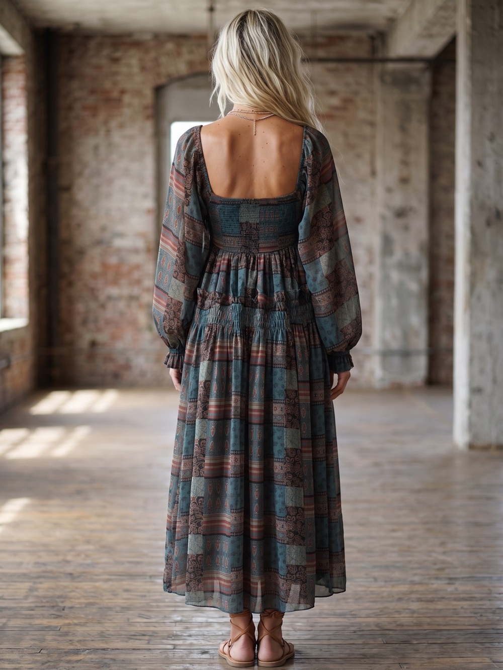 NWT Promesa Patchwork Boho Balloon Sleeve Maxi Dress - Picture 4 of 5